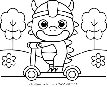 Um desenho em linha preta e branca de um dragão de desenho animado usando um capacete viking e montando uma scooter. O dragão está em um parque com duas árvores e duas flores.
