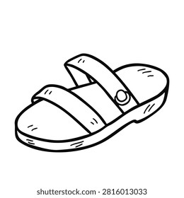 A black and white line drawing of a casual summer sandal with two straps and a flat sole.