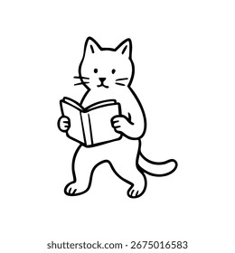 Dibujo de línea en blanco y negro de un gato que sostiene un libro