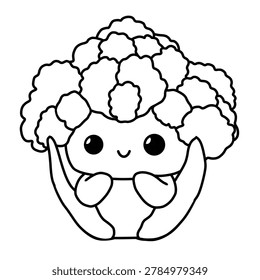 A black and white line drawing of a cauliflower character.