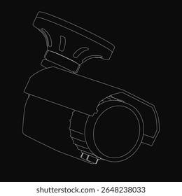 Black and white line drawing of a CCTV camera with clean white outlines, standing out sharply against a dark background. The minimalist design highlights surveillance technology with a sleek, modern.