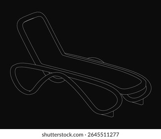 Um desenho de linha preto e branco de uma cadeira de salão chaise apresenta contornos limpos e elegantes contra um fundo preto sólido. O design minimalista destaca a silhueta elegante da cadeira