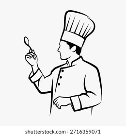 A black and white line drawing of a chef holding a spoon
