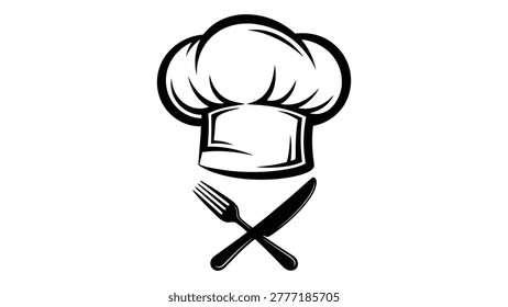 Black and white line drawing of a chef hat with a crossed knife and fork, isolated on a white background.
