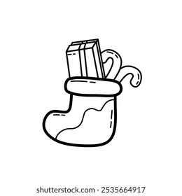 black and white line drawing of a Christmas stocking with a gift and candy cane. Ideal for holiday designs, greeting cards, or festive decorations.