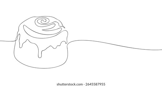 Black and white line drawing of a cinnamon roll with icing swirl, perfect for minimalist food art, coloring books, or bakery design.
