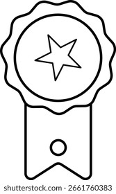 A black and white line drawing of a circular award ribbon with a star in the center and a ribbon banner below.