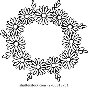 Schwarz-weiße Linienzeichnung eines kreisförmigen Blumenkranzes aus Gänseblümchen
