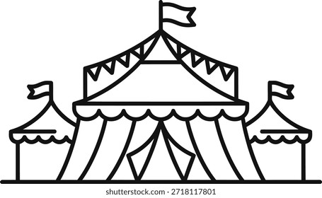 Um desenho a preto e branco de uma tenda de circo
