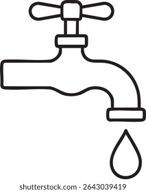 A black and white line drawing of a classic water faucet with a water droplet falling from the spout.