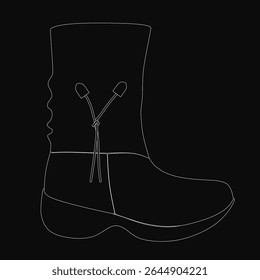 Black and white line drawing of classic lace-up boots with rounded toe and low heel. The laces are tied in a neat bow, adding elegance against the dark background.