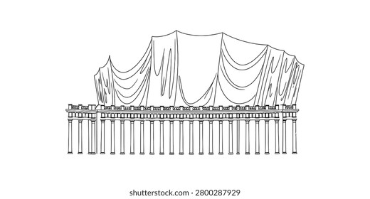 Black and white line drawing of a classic building facade covered with draped fabric or heavy curtains in an artistic architectural sketch style Vector, illustration