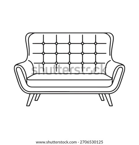 A black and white line drawing of a classic Chesterfield sofa with tufted upholstery and curved arms.
