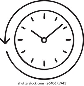A black and white line drawing of a clock with an arrow circling it, symbolizing time management and deadlines.