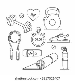 Black and white line drawing of clocks pens notebooks and other stationery items in a flat design style