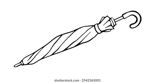 black and white line drawing of a closed umbrella with a curved handle.