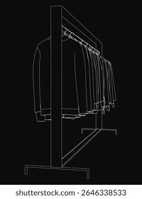 A black and white line drawing of a clothes rack with neatly hung garments, featuring hangers and folded sleeves. The dark background highlights the clean, minimalist illustration.
