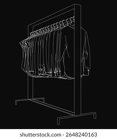 A black and white line drawing of a clothes rack with neatly hung garments, featuring hangers and folded sleeves. The dark background emphasizes the clean, minimalist design.