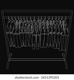 A black and white line drawing of a clothes rack with neatly hung shirts, featuring clean outlines and minimalist style. The illustration includes hangers and folded garments for a realistic touch.