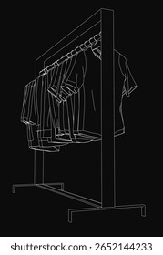 Un dibujo de línea en blanco y negro de un perchero con prendas cuidadosamente dispuestas colgando de manera ordenada. El fondo negro sólido enfatiza el diseño limpio y minimalista.