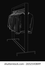 A black and white line drawing of a clothing rack with neatly hung garments, featuring hangers and folded sleeves. The dark background emphasizes the clean, minimalist design.