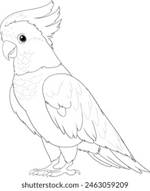 Black and white line drawing of a cockatoo