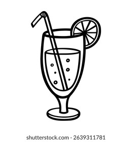 Black and white line drawing of a cocktail glass with a straw and a lemon slice on the rim.