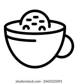 Black and white line drawing of a coffee cup with a saucer, simplistic icon design