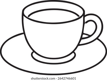 A black and white line drawing of a coffee cup sitting on a saucer, isolated on a white background.