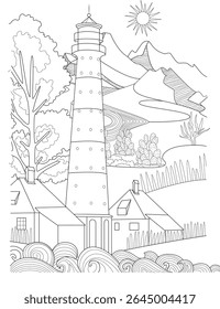 Black and white line drawing for coloring, showing a scenic view with a lighthouse, coastal houses, ocean waves, trees, mountains.