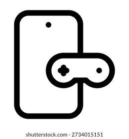 Black and white line drawing combining a smartphone and a game controller with circular buttons. The icon illustrates mobile gaming, playing games on a phone, or handheld entertainment devices. The two elements are positioned closely together to show the relationship between mobile tech and gaming.