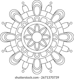 A black and white line drawing of a complex mandala pattern featuring eight symmetrical sections radiating from a central floral element.