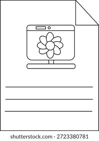 A black and white line drawing of a computer screen on a piece of paper with three lines beneath