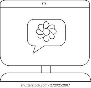 Dibujo de línea en blanco y negro de un monitor de computadora con una flor en una burbuja de discurso en la pantalla