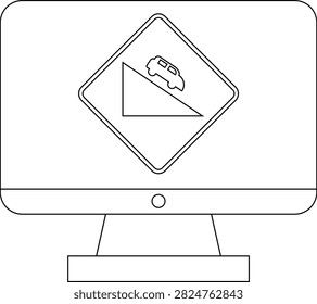 A black and white line drawing of a computer monitor displaying a diamond-shaped warning sign with a car descending a steep incline.