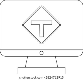 A black and white line drawing of a computer monitor displaying a diamond-shaped road sign with a T symbol, indicating a dead end.