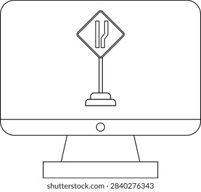 A black and white line drawing of a computer monitor displaying a road sign indicating a lane merge or narrowing.