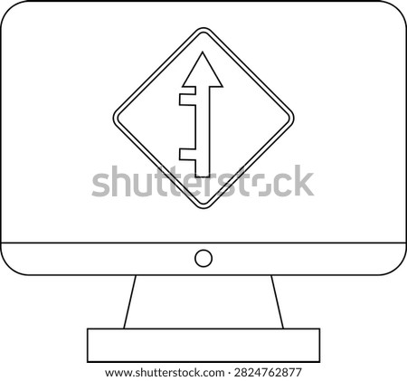 A black and white line drawing of a computer monitor displaying a road sign indicating a merge ahead.