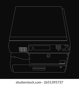 Um desenho a preto e branco de uma impressora fotográfica destaca-se contra um fundo escuro. O design minimalista apresenta contornos limpos e detalhes nítidos, ideais para projetos relacionados à tecnologia.