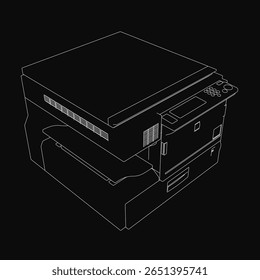 Um desenho a preto e branco de uma copiadora destaca-se contra um fundo escuro. O design minimalista destaca contornos limpos e detalhes precisos. O contraste acentuado melhora a elegância da impressora.