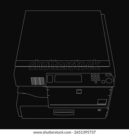 A black and white line drawing of a copier printer stands out against a dark background. The minimalist design features clean outlines and sharp details, ideal for tech-related projects.