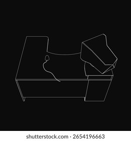 Um desenho de linha preto e branco de um sofá apresenta uma caixa no topo, colocada contra um fundo escuro. O estilo retro lembra projetos de computador ou mesa vintage, com linhas limpas e detalhes mínimos.