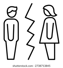 A black and white line drawing of a couple separating with a jagged line between them. isolated on white background, Vector