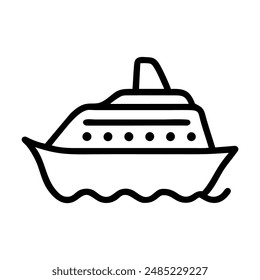 Black and white line drawing of a cruise ship on the water. Vector illustration