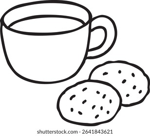 A black and white line drawing of a cup of coffee or tea with two chocolate chip cookies.