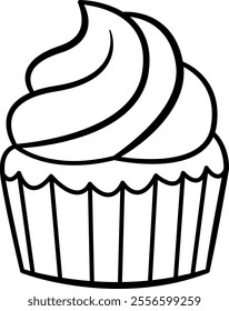 Black and white line drawing of a cupcake with a fluted paper wrapper and a generous swirl of frosting on top, depicted with smooth, curved lines.