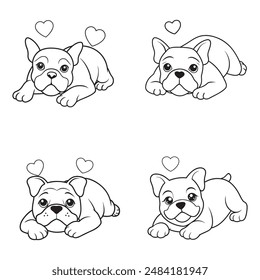 A black and white line drawing of a cute, expressive bulldog lying down with its front paws extended forward.