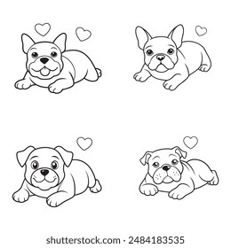 A black and white line drawing of a cute, expressive bulldog lying down with its front paws extended forward. 