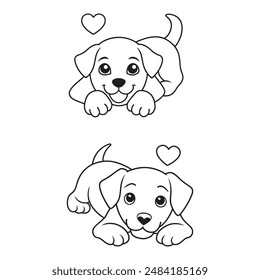 A black and white line drawing of a cute, expressive puppy lying down with its front paws extended forward.