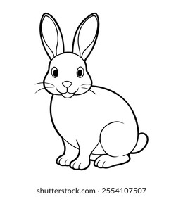 Black and white line drawing of a cute rabbit sitting, with large ears and a friendly expression.